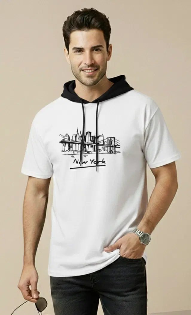 Polyester Printed T-shirt for Men, White (XL)