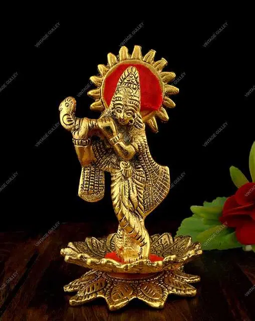 Gift On Door Golden Oxidized Kamal Krishna with Bansuri Decorative Diwali Home Decoration & Gift Item, Gold, AAC-17