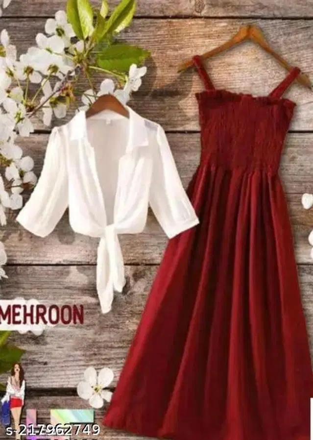Poly Crepe Solid Dress for Women (White & Maroon, L)