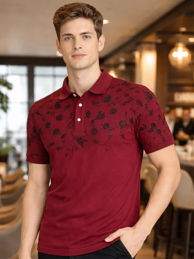 Polo Printed Cotton Blend T-shirt for Men (Maroon, L)