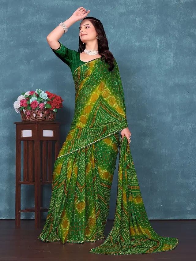 Georgette Bandhini Saree for Women, Green
