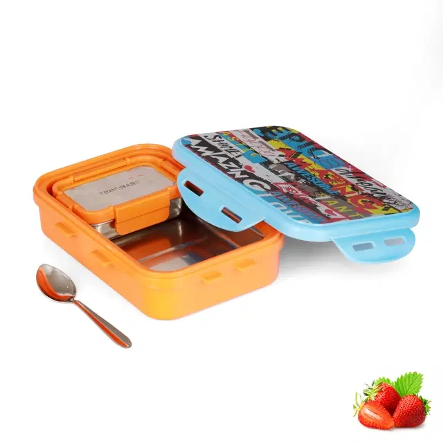 Stainless Steel Insulated 2 Containers Lunch Box with Spoon for Kids, 1x900 ml, 1x150 ml, Orange, Set of 1