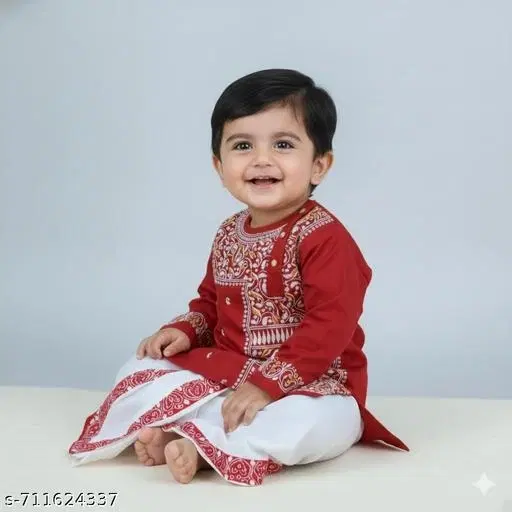 Ethnic Motif Cotton Kurta Set with Show Button for Boys (White, 6-12 Months)