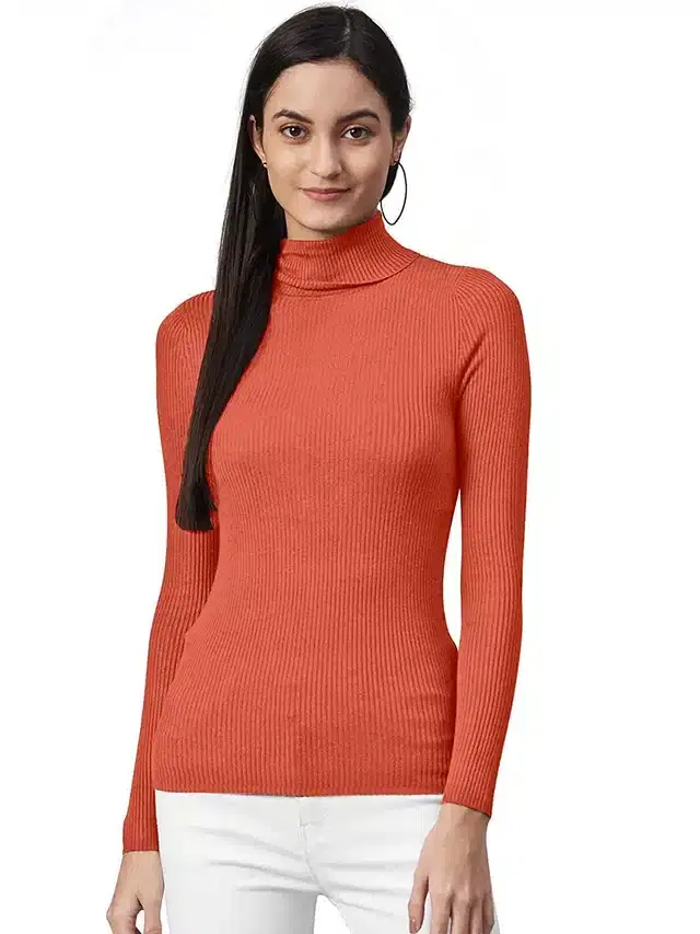 Full Sleeves High Neck Sweater for Women (Orange, S)