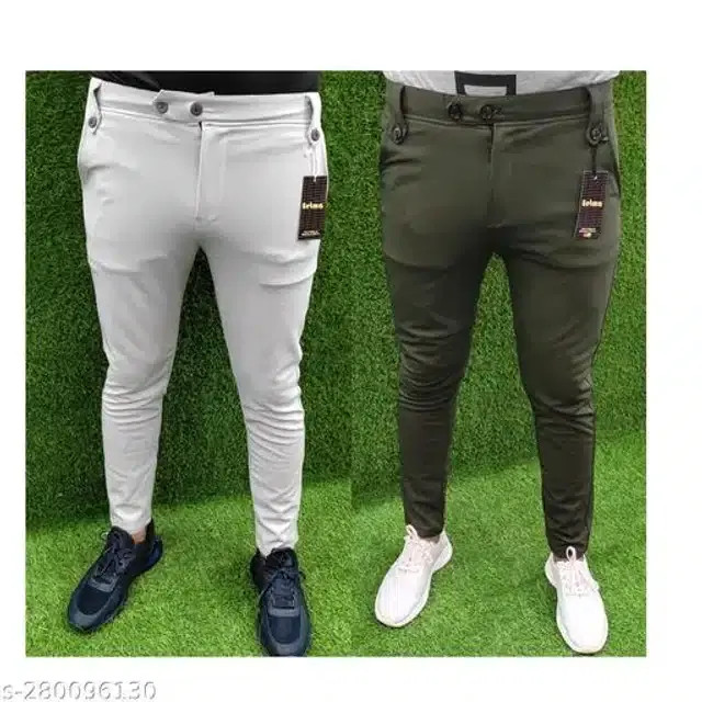 Lycra Track Pants for Men, Pack of 2 (Grey & Mehandi, 28)