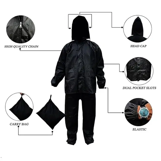 Polyester Rain Suit for Men & Women (Black, XXL) (Set of 1)