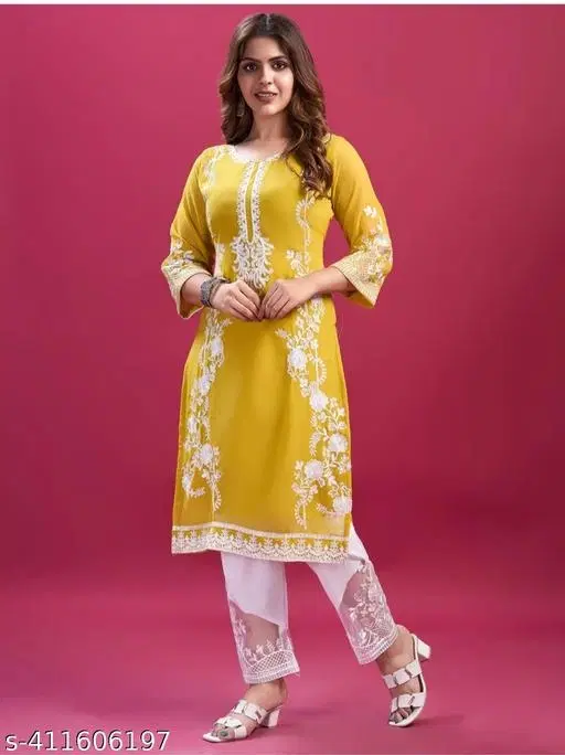 Georgette Embroidered Kurta & Paint Set For Womens, Yellow (L)