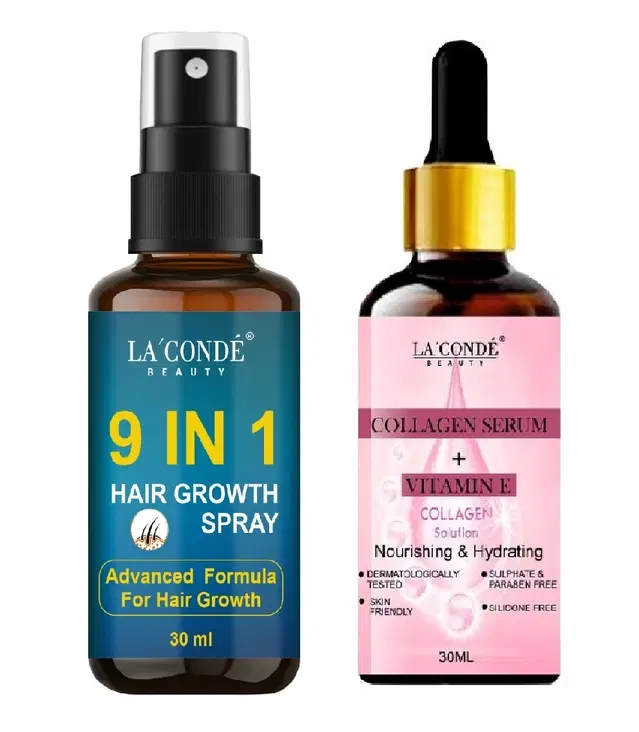 Combo of La'Conde Beauty 9 in 1 Hair Growth Spray & Collagen + Vitamin-E Face Serum, 30 ml, Set of 2