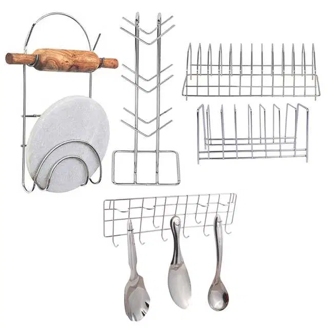 Stainless Steel Cup Stand Cup Holder & Plate Stand & Chakla Belan Stand & Hook Rail For Kitchen, Set of 5, OC-039