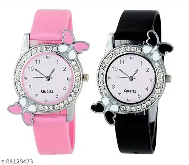 Analog Watch for Women, Pack of 2 (Pink & Black)
