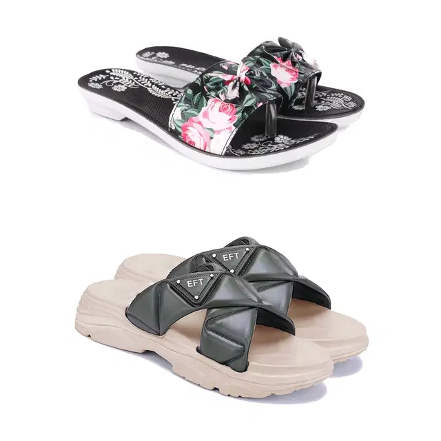 Combo of Sliders & Flats for Women, Set of 2 (Multicolor, 5)
