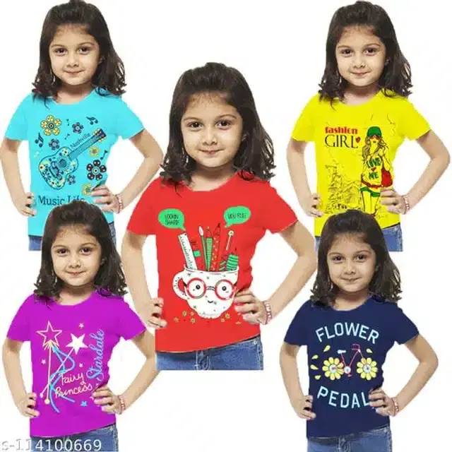 Cotton Half Sleeves T-Shirt for Girls, Pack of 5 (Multicolor, 1-2 Years)