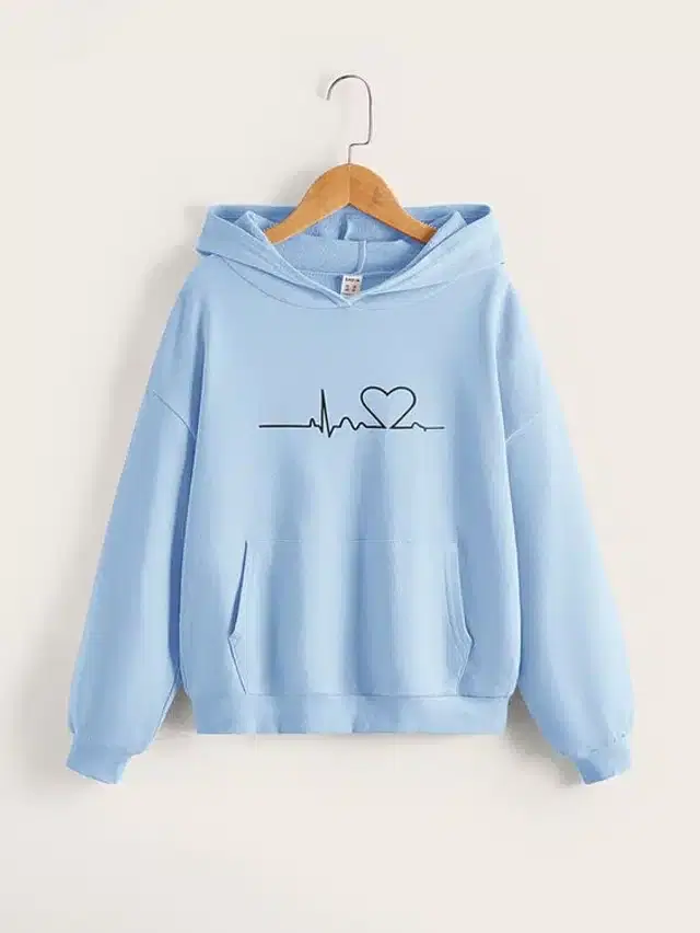 Fleece Self-Design Hoodies for Women (Sky Blue, M)