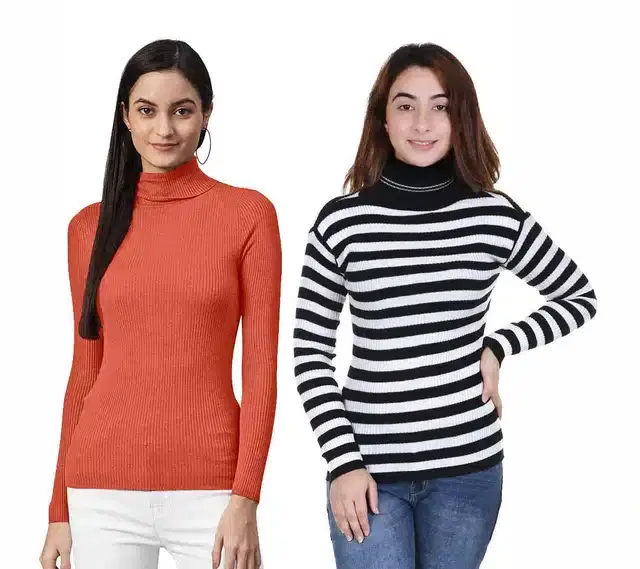Full Sleeves Solid Sweater for Women, Pack of 2 (Orange & White, M)