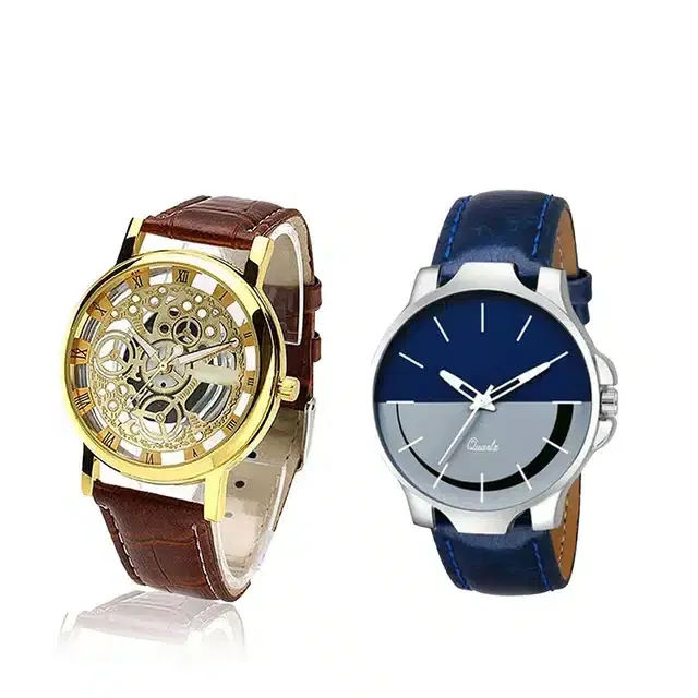 Analog Watch for Men & Women, Pack of 2 (Brown & Blue)