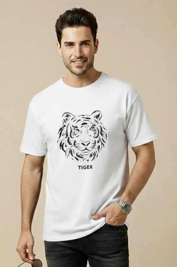 Polyester Printed T-shirt for Men, White (XL)