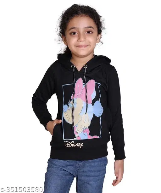 Woolen Printed Hoodie for Girls (Black, 9-10 Years)