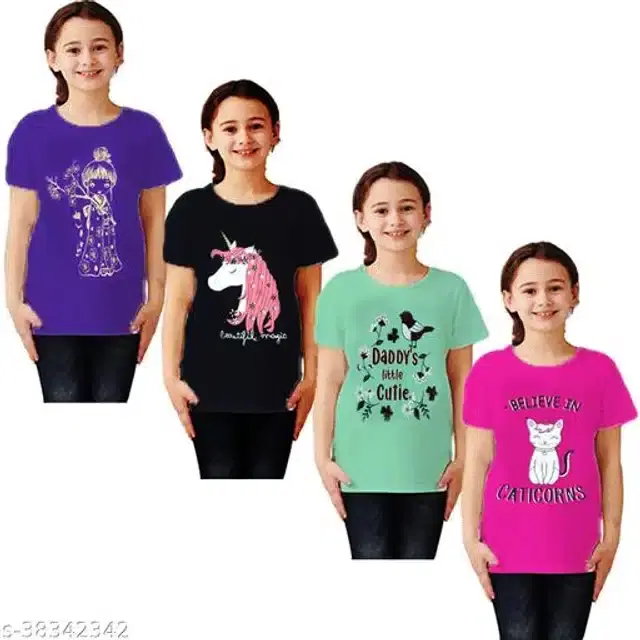 Cotton Half Sleeves T-Shirt for Girls, Pack of 4 (Multicolor, 18-24 Months)