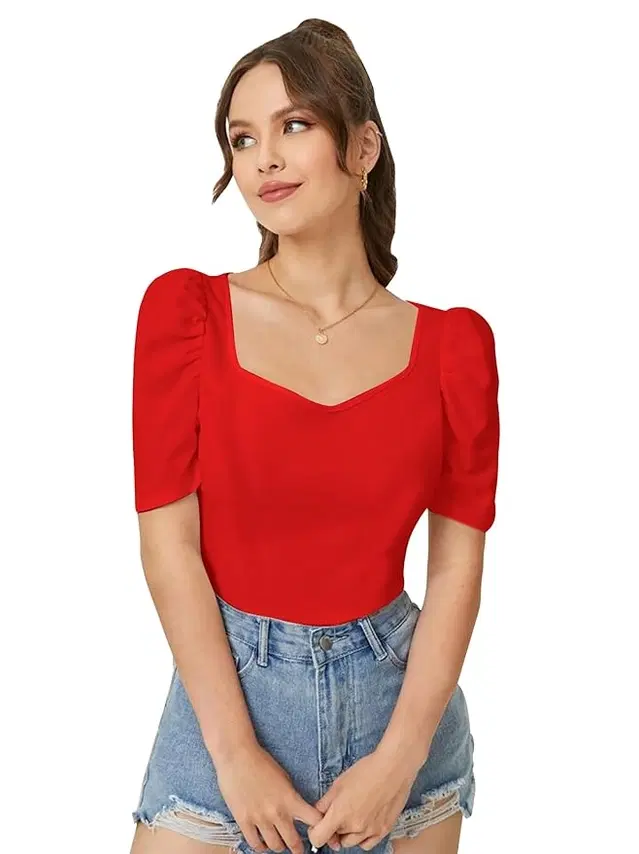 Women's Korean sweetheart neck with puff sleeve top  - M, Red (M)