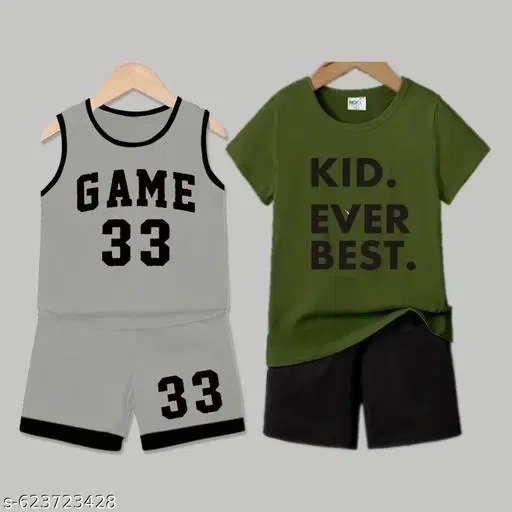 Cotton Blend Printed Clothing Set for Boys, Grey & Olive, Pack Of 2 (6-12 Months)