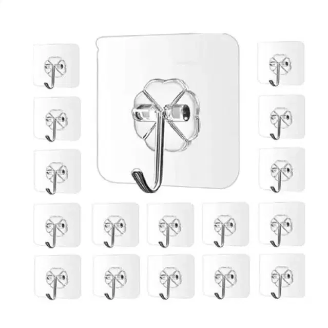 Plastic Self Adhesive Wall Hooks, Transparent, Pack of 15