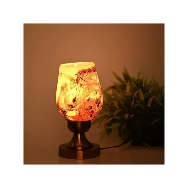 Marble Glass Shade Table Lamp With Brass Base (Orange & White)