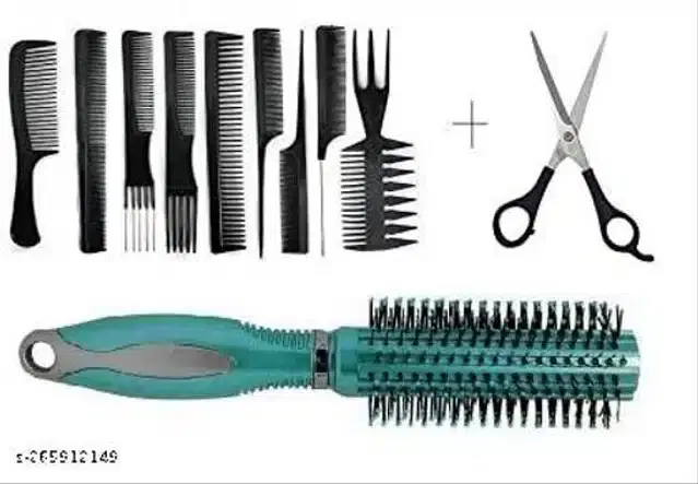 Combo of 10 Pcs Salon Hair Comb & Scissor with Round Comb, Multicolor, Set of 12