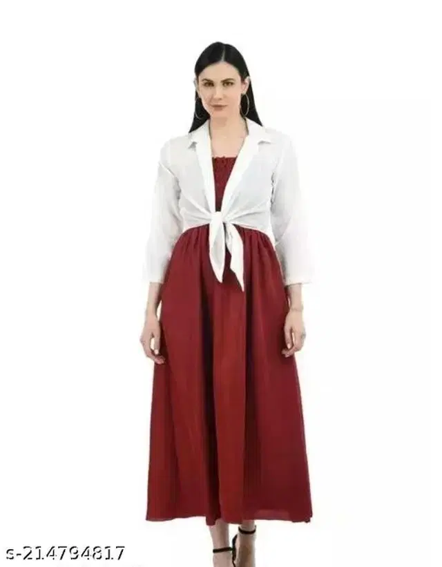 Poly Crepe Dress for Women (Maroon & White, S)