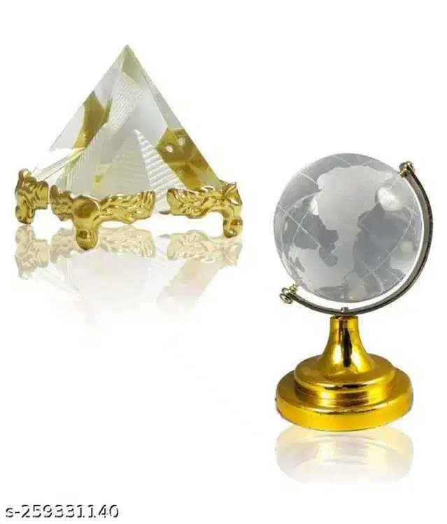 Crystal Fengshui Pyramid with Globe Showpieces, Gold & Transparent, Set of 2