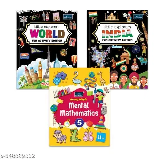 Little Explorers INDIA & WORLD Activity Editions with Stickers + Young Mind Mental Mathematics Age 11+ Part 5 – Set of 3 Engaging Educational Books for Kids