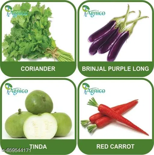 4 Vegetable Seeds Combo With Instruction Manual(Coriander/Brinjal Purple Long/Tinda/Red Carrot)