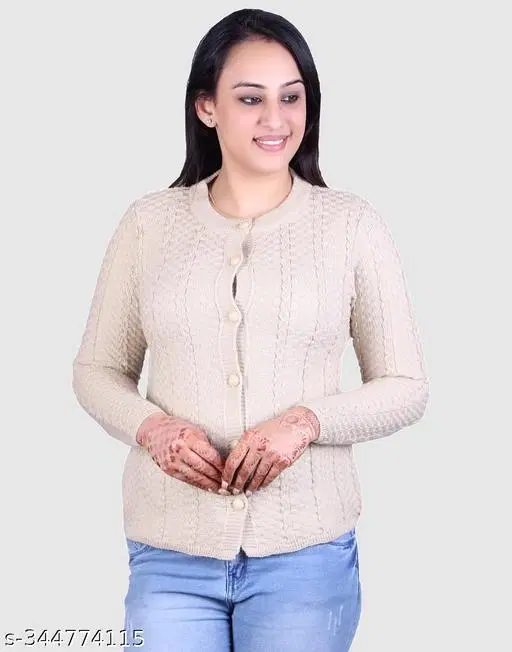 Acrylic Solid Sweater for Women (Beige, XL)