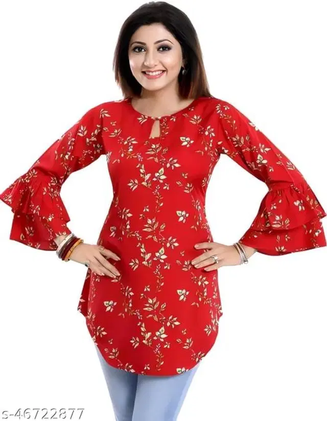 Three-Quarter Sleeves Top for Women (Red, S)