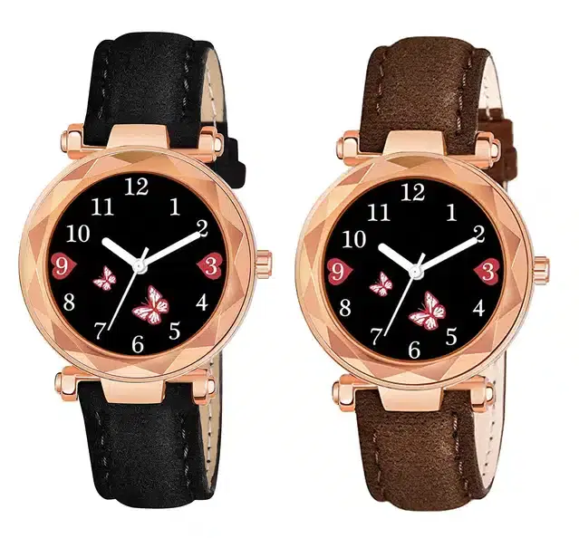 Designer Leather Analog Watch for Women & Girls, Pack of 2 (Black & Brown)