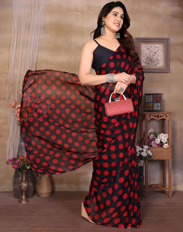 Georgette Saree for Women, Polka Dot (Black, Free Size)