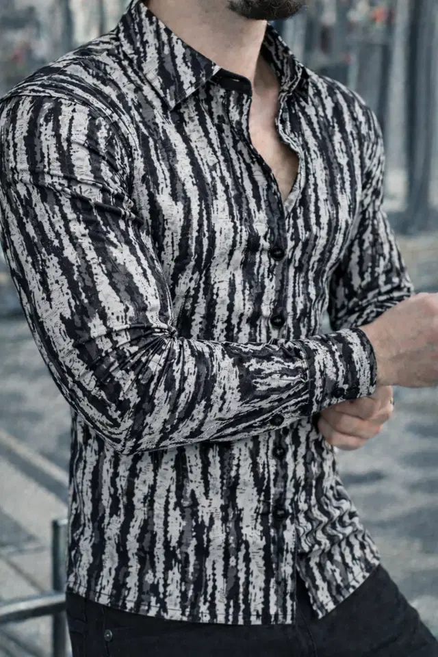 Lycra Geometric Print Shirt for Men, Grey (S)