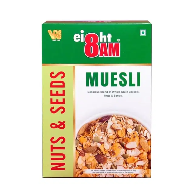 8am Muesli Nuts &amp; Seeds, 425 g | With Oats, Wheat, Corn, Rice, Seeds, Dry Fruits, Nuts, Multigrain Breakfast Cereal, Zero Trans Fat, Tasty, Nutritious And Healthy Snacks