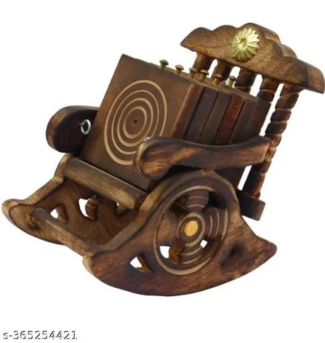 Wooden Coaster, 6 Pcs with Holder, Brown, Set of 2