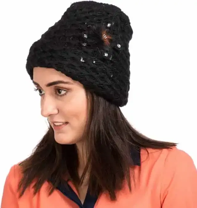Women Woolen Fur Cap (Black, Free Size) (BM004)