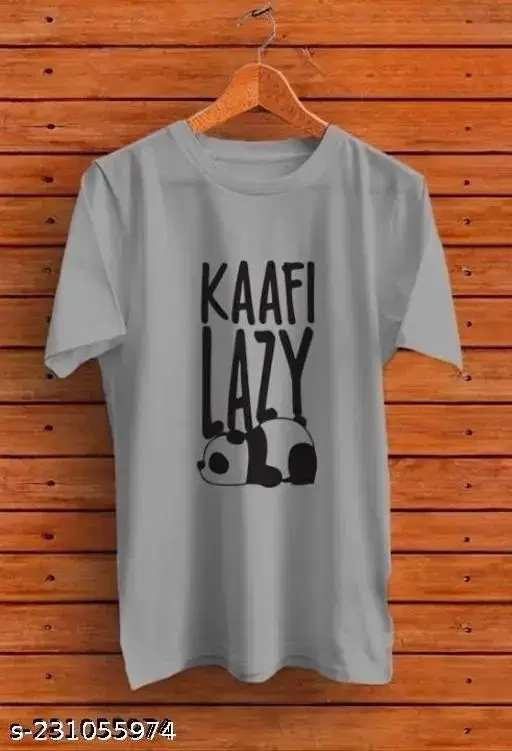 Round Neck Printed Polyester T-Shirt for Men, Grey (L)