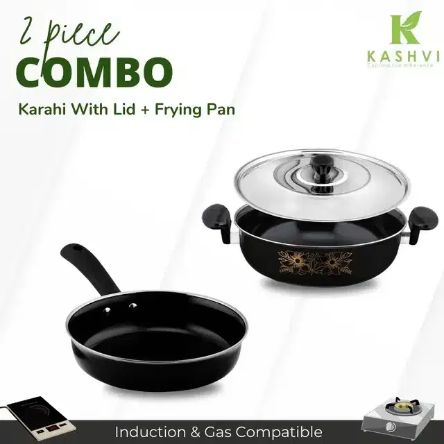 Non Stick Kadai with Stainless Steel Lid & Frying Pan, Black, Set of 2