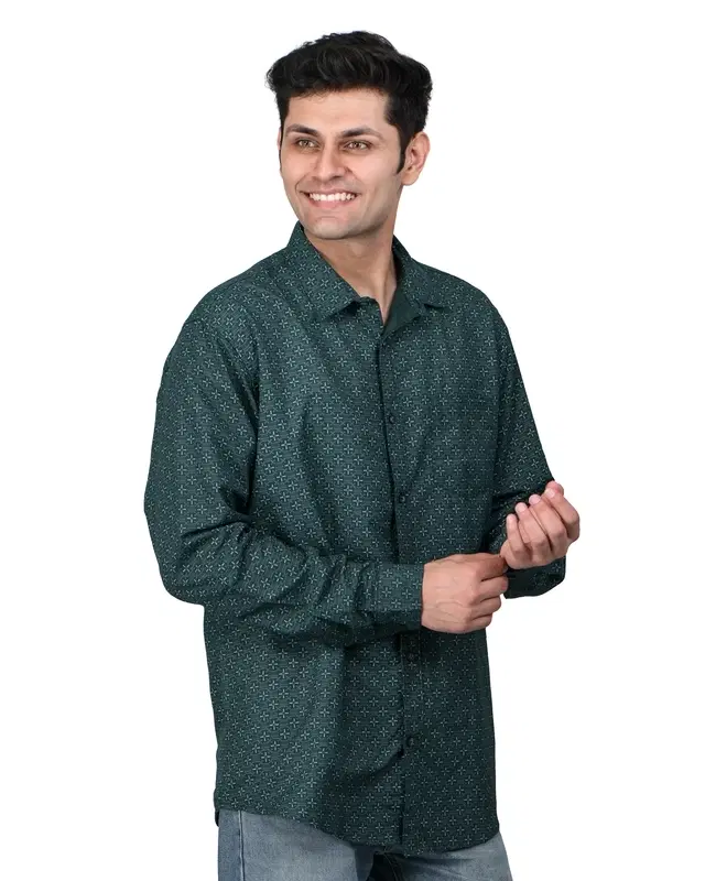 Poly Cotton Full Sleeves Printed Shirt for Men, Green (S)