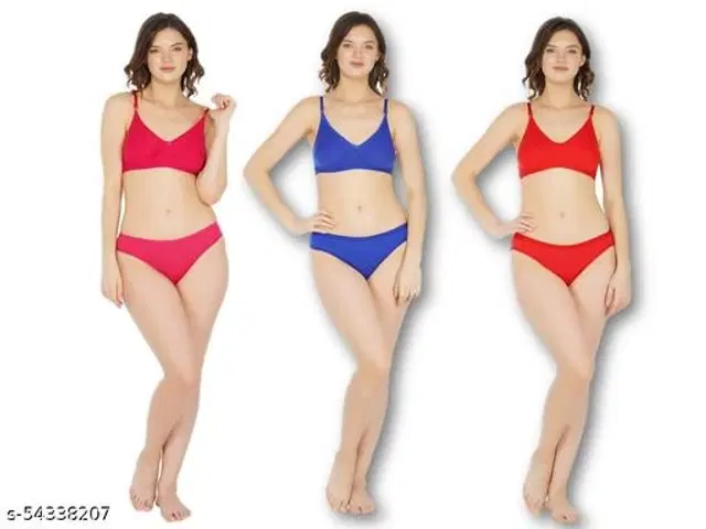 Cotton Blend Solid Lingerie Set for Women, Pack of 3 (Multicolor, 30A)