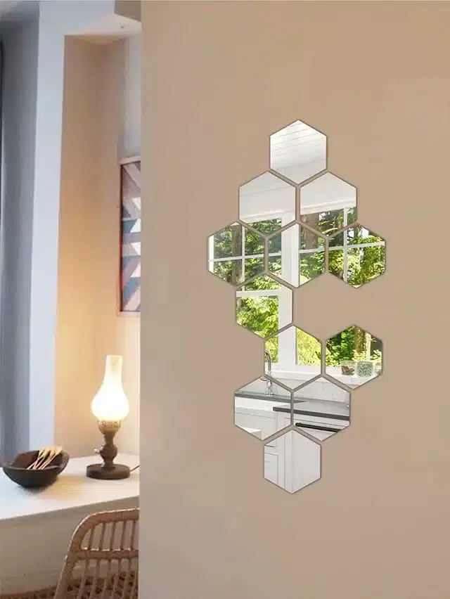 Acrylic Hexagon Shaped Wall Mirror Stickers, Silver, Pack of 12