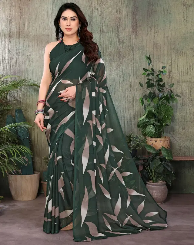 Georgette Saree for Women, Floral (Green, Free Size)
