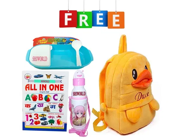 Combo of Fabric School Bag, Water Bottle, Lunch Box with All in One Book for Kids, Multicolor, Set of 4