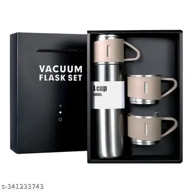 Stainless Steel Water Bottle with 2 Pcs Cups, Silver, Set of 2
