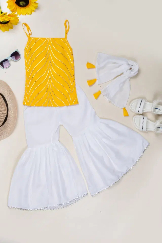 Net Embellished Kurti with Sharara & Dupatta for Girls (Yellow & White, 3-4 Years)