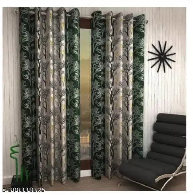 Polyester Door Curtains, Green, 7 Feet, Pack of 2