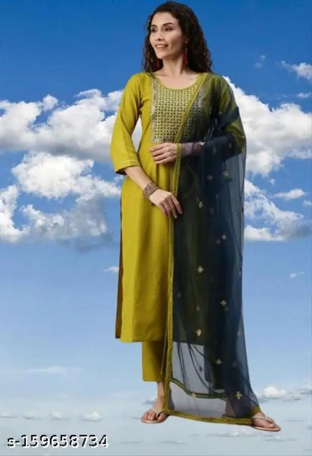 Cotton Blend Embroidered Kurta with Pant & Dupatta for Women (Multicolor, S)